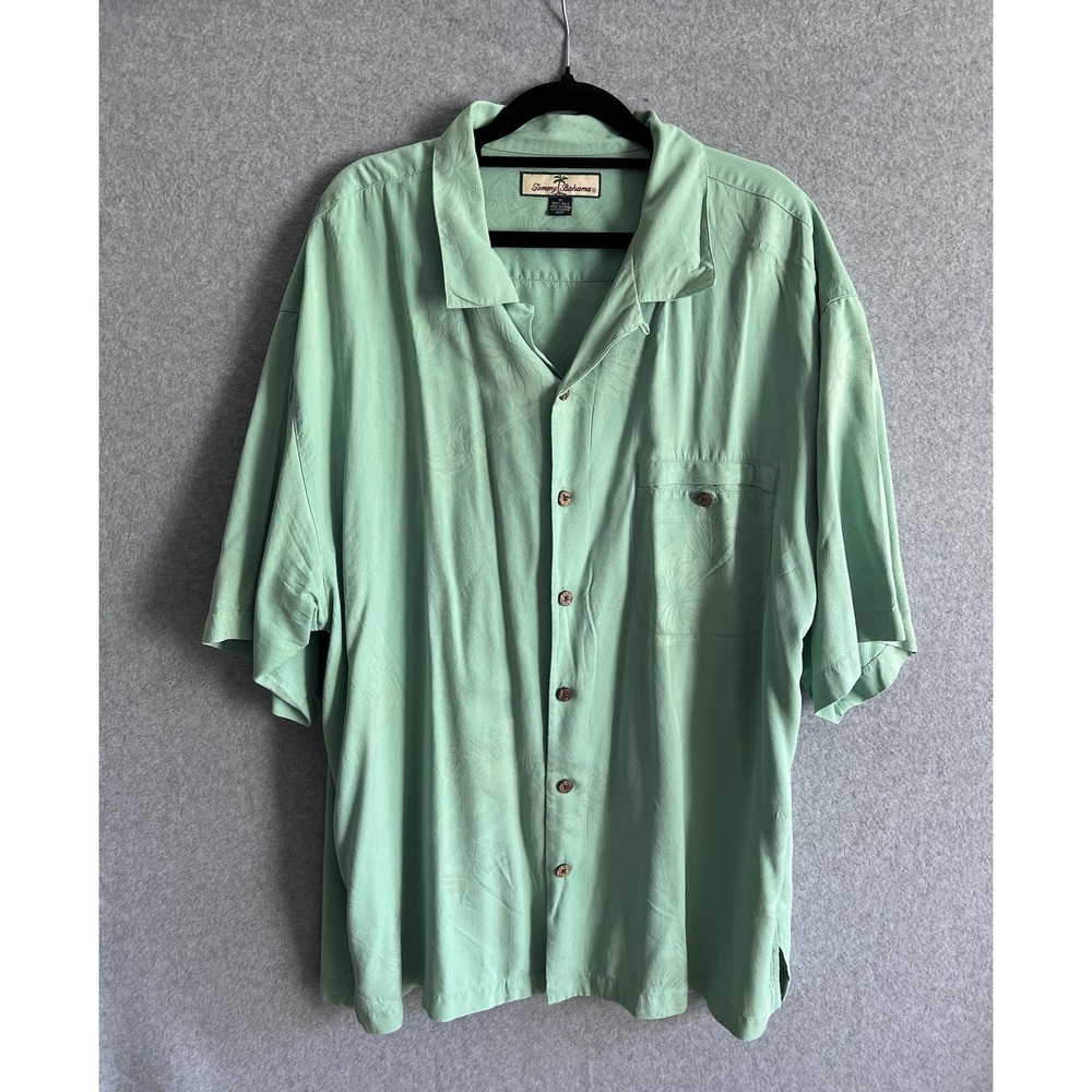 Tommy Bahama Shirt Mens Extra Large Green Textured Marlin Swordfish Camp Silk XL